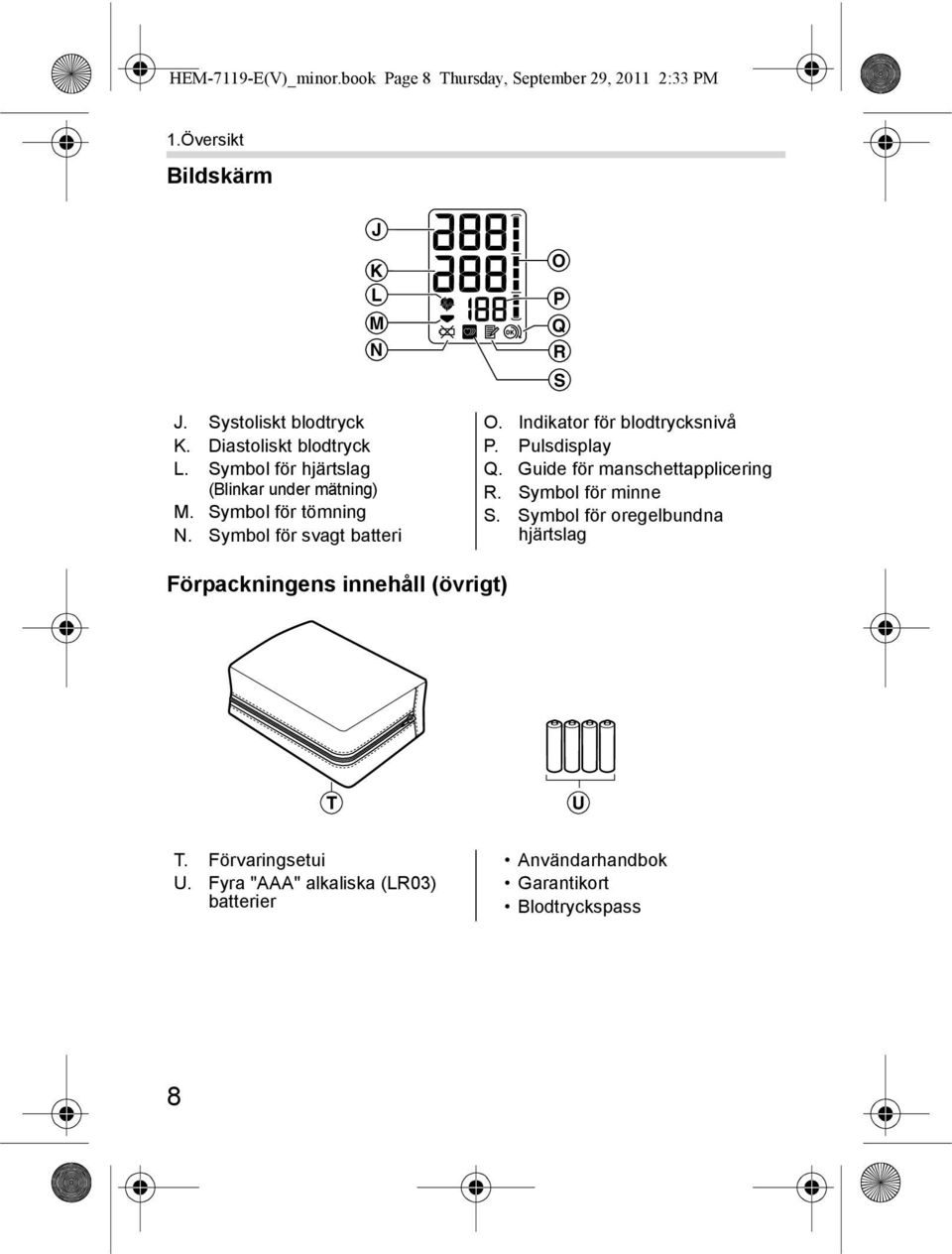 Symbol för svagt batteri J K L M N O P Q R S O. Indikator för blodtrycksnivå P. Pulsdisplay Q. Guide för manschettapplicering R.