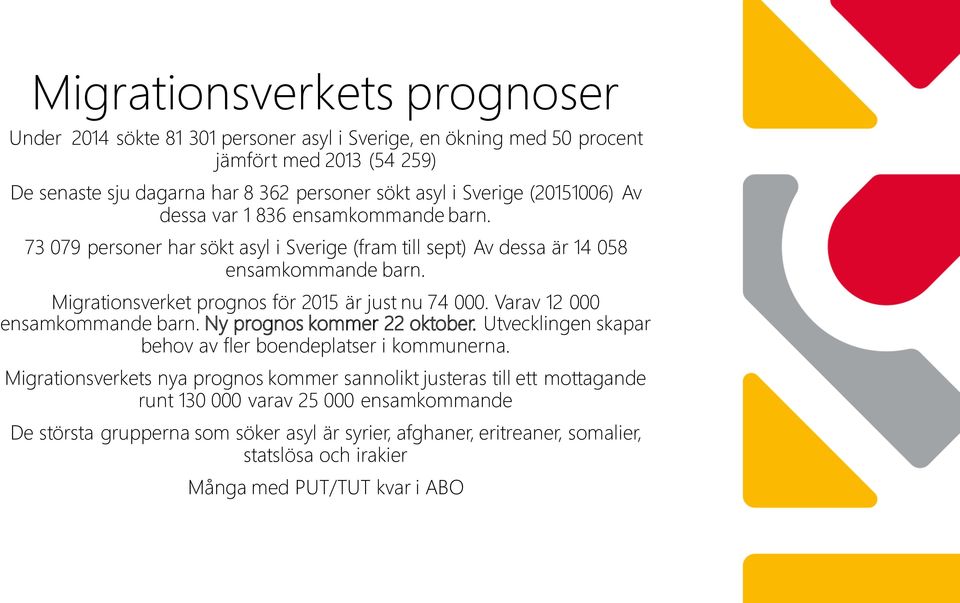 Migrationsverket prognos för 2015 är just nu 74 000. Varav 12 000 ensamkommande barn. Ny prognos kommer 22 oktober. Utvecklingen skapar behov av fler boendeplatser i kommunerna.