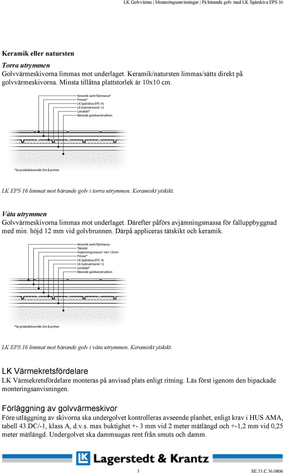 höjd 12 mm vid golvbrunnen. Därpå appliceras tätskikt och keramik. LK EPS 16 limmat mot bärande golv i våta utrymmen. Keramiskt ytskikt.