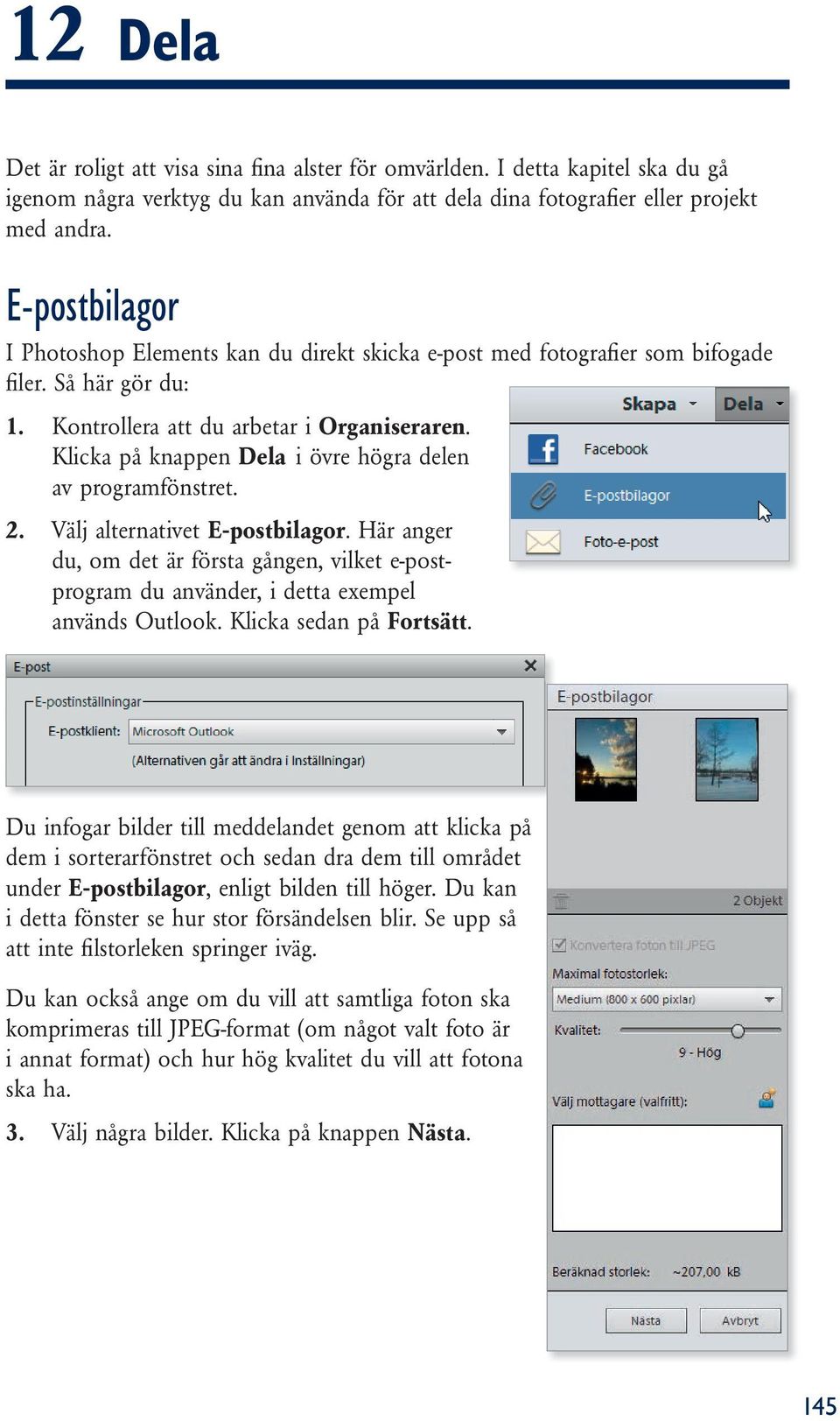Klicka på knappen Dela i övre högra delen av programfönstret. 2. Välj alternativet E-postbilagor.