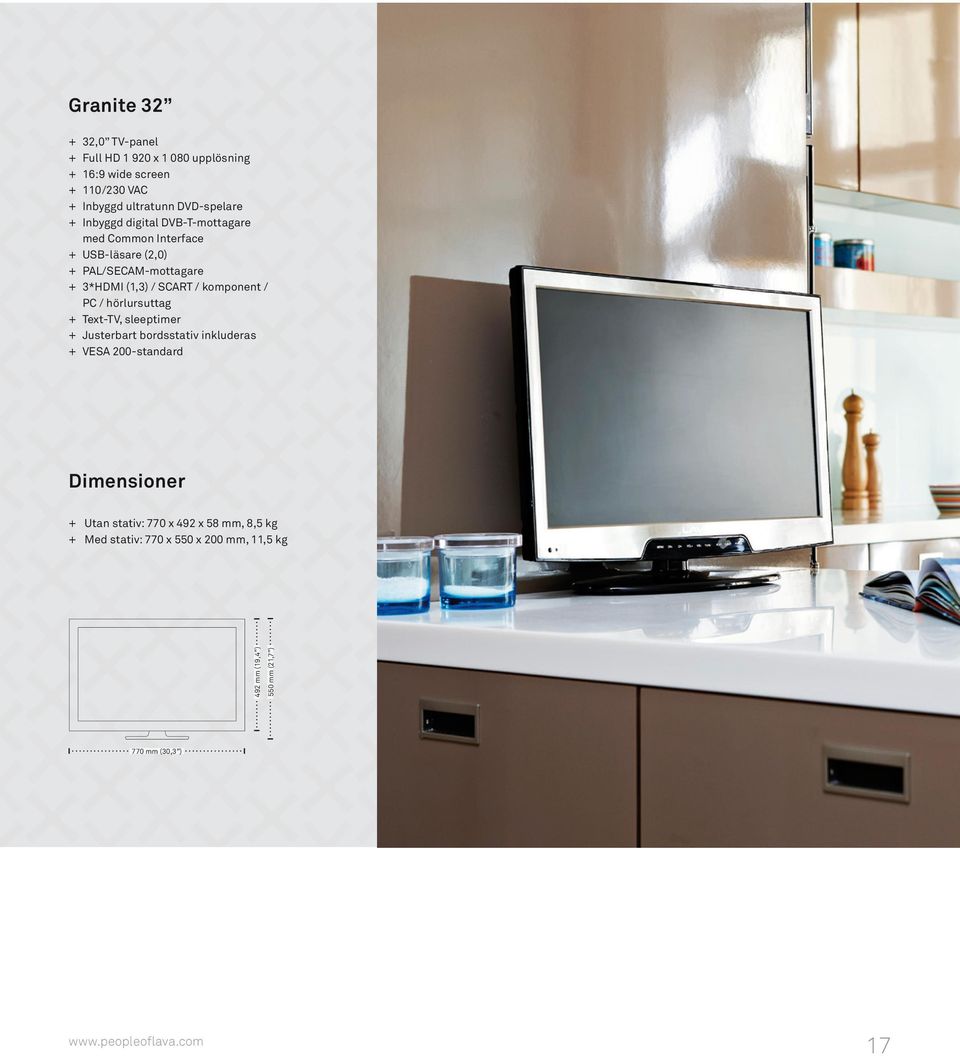 komponent / PC / hörlursuttag + Text-TV, sleeptimer + Justerbart bordsstativ inkluderas + VESA 200-standard Dimensioner 550 mm