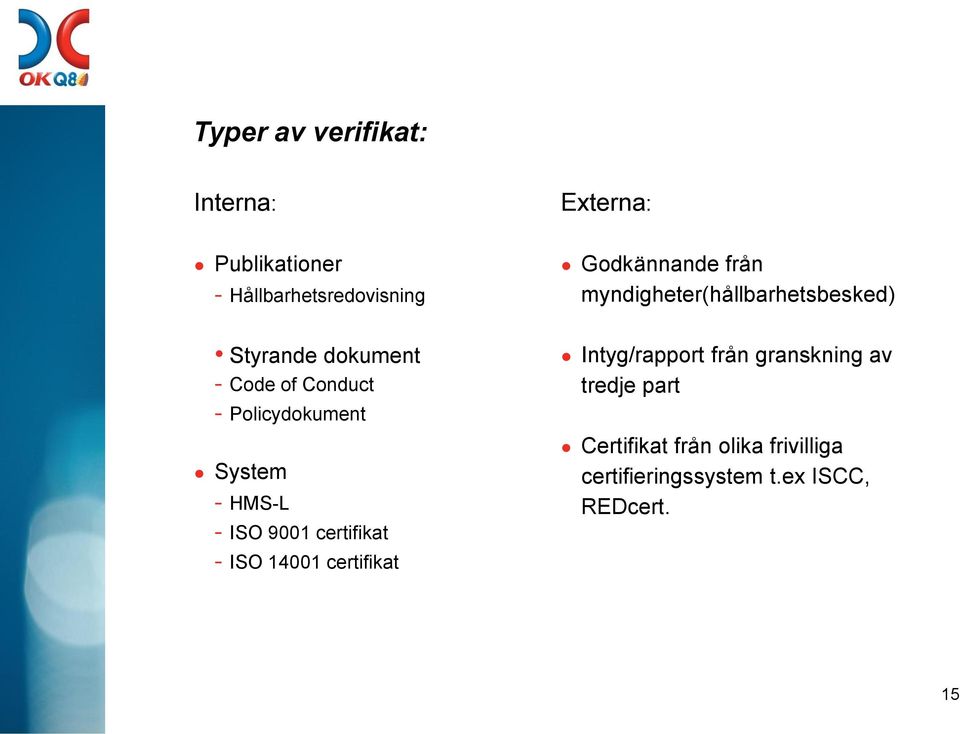 Externa: Godkännande från myndigheter(hållbarhetsbesked) Intyg/rapport från granskning