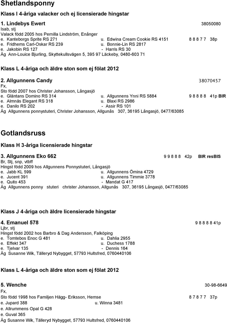 Jakobin RS 127 - Harris RS 30 Äg Ann-Louice Bjurling, Skyttekullsvägen 5, 395 97 Läckeby, 0480-603 71 Klass L 4-åriga och äldre ston som ej fölat 2012 2.