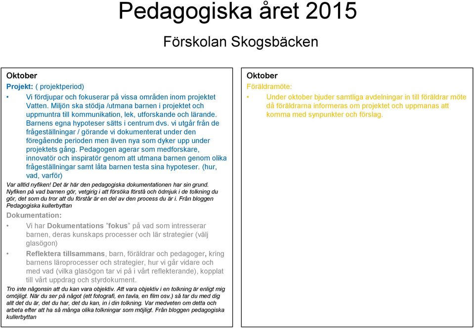 vi utgår från de frågeställningar / görande vi dokumenterat under den föregående perioden men även nya som dyker upp under projektets gång.