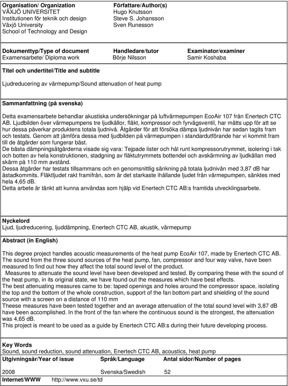 Ljudreducering av värmepump/sound attenuation of heat pump Sammanfattning (på svenska) Detta examensarbete behandlar akustiska undersökningar på luftvärmepumpen EcoAir 107 från Enertech CTC AB.