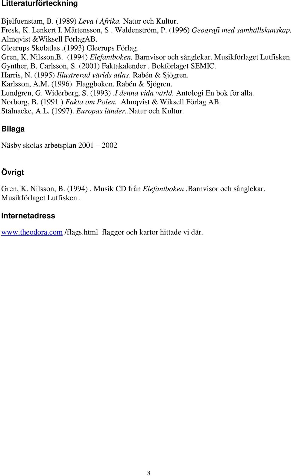 Harris, N. (1995) Illustrerad världs atlas. Rabén & Sjögren. Karlsson, A.M. (1996) Flaggboken. Rabén & Sjögren. Lundgren, G. Widerberg, S. (1993).I denna vida värld. Antologi En bok för alla.
