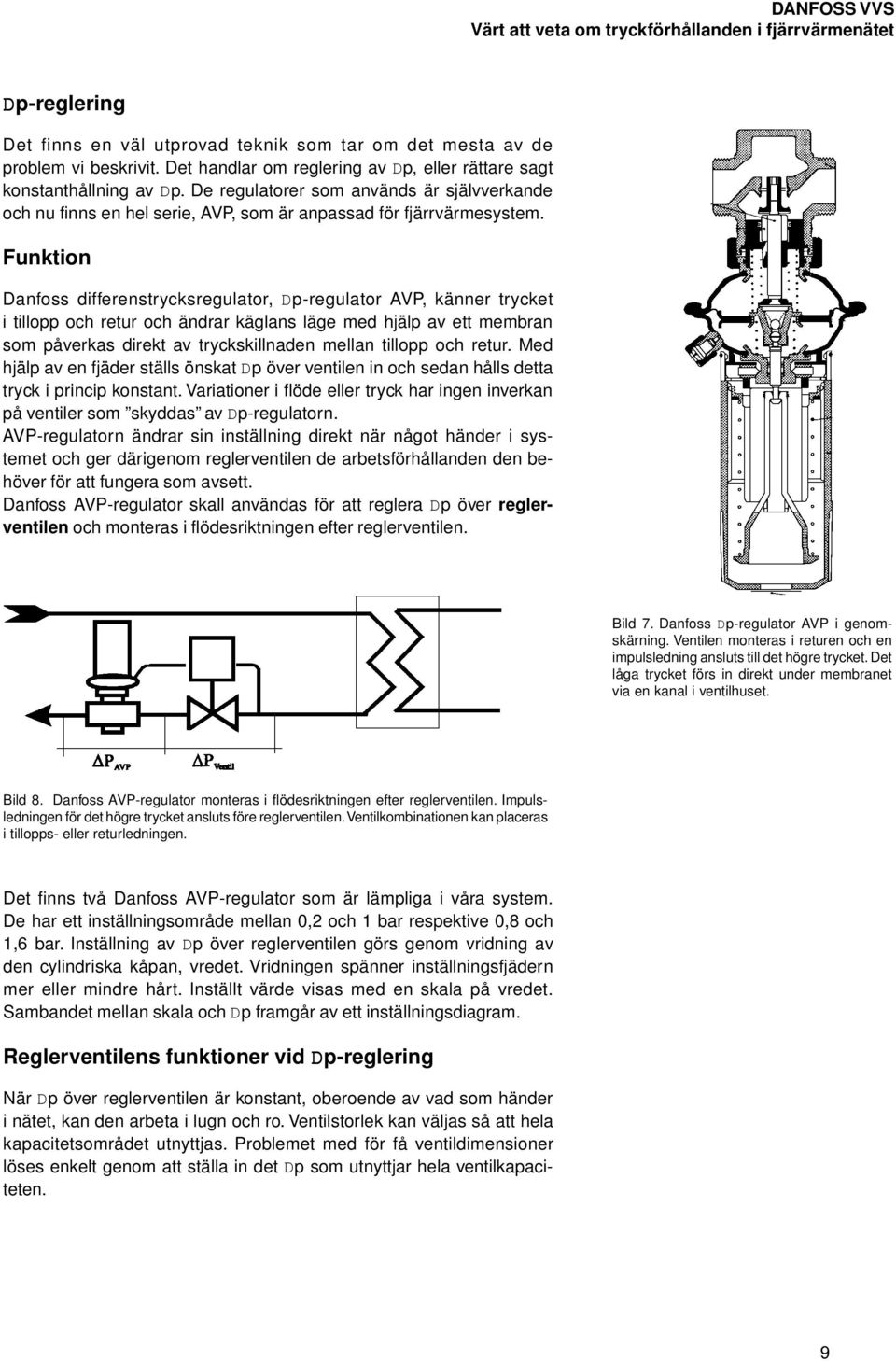 Funktion Danfoss differenstrycksregulator, Dp-regulator AVP, känner trycket i tillopp och retur och ändrar käglans läge med hjälp av ett membran som påverkas direkt av tryckskillnaden mellan tillopp