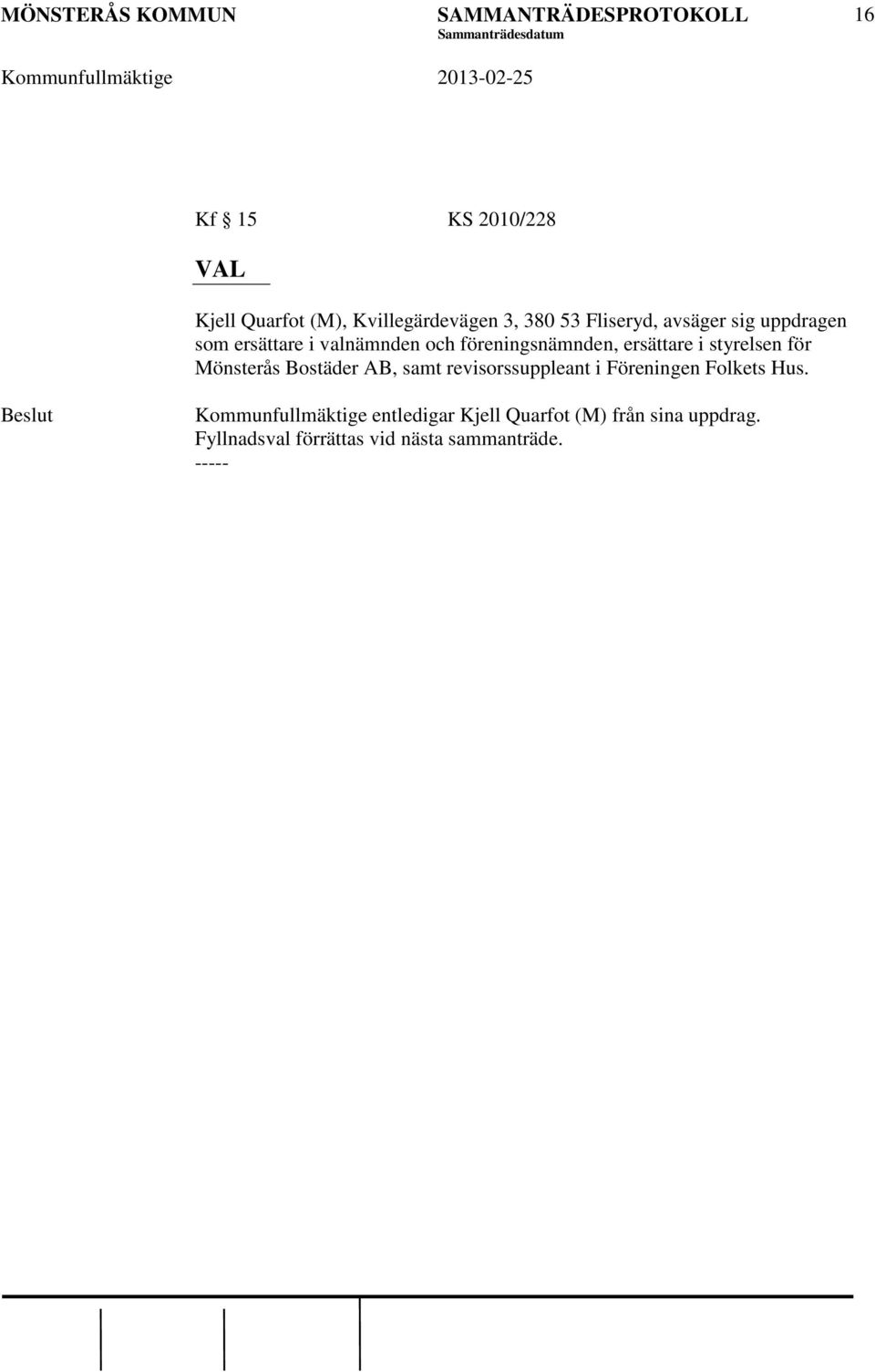 Mönsterås Bostäder AB, samt revisorssuppleant i Föreningen Folkets Hus.