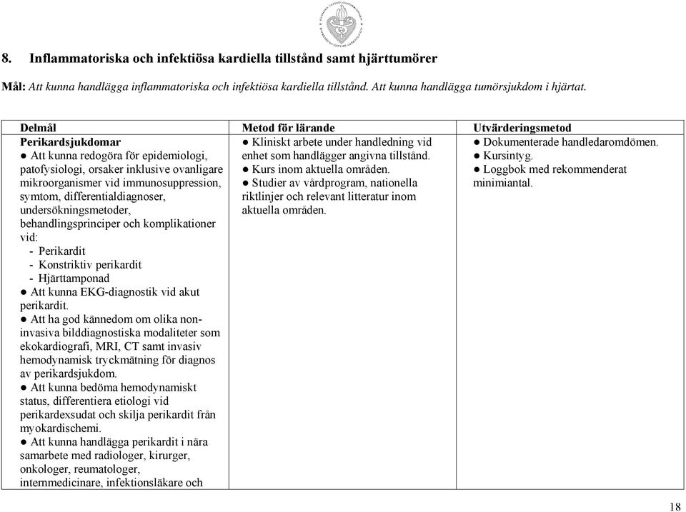 differentialdiagnoser, undersökningsmetoder, behandlingsprinciper och komplikationer vid: - Perikardit - Konstriktiv perikardit - Hjärttamponad Att kunna EKG-diagnostik vid akut perikardit.