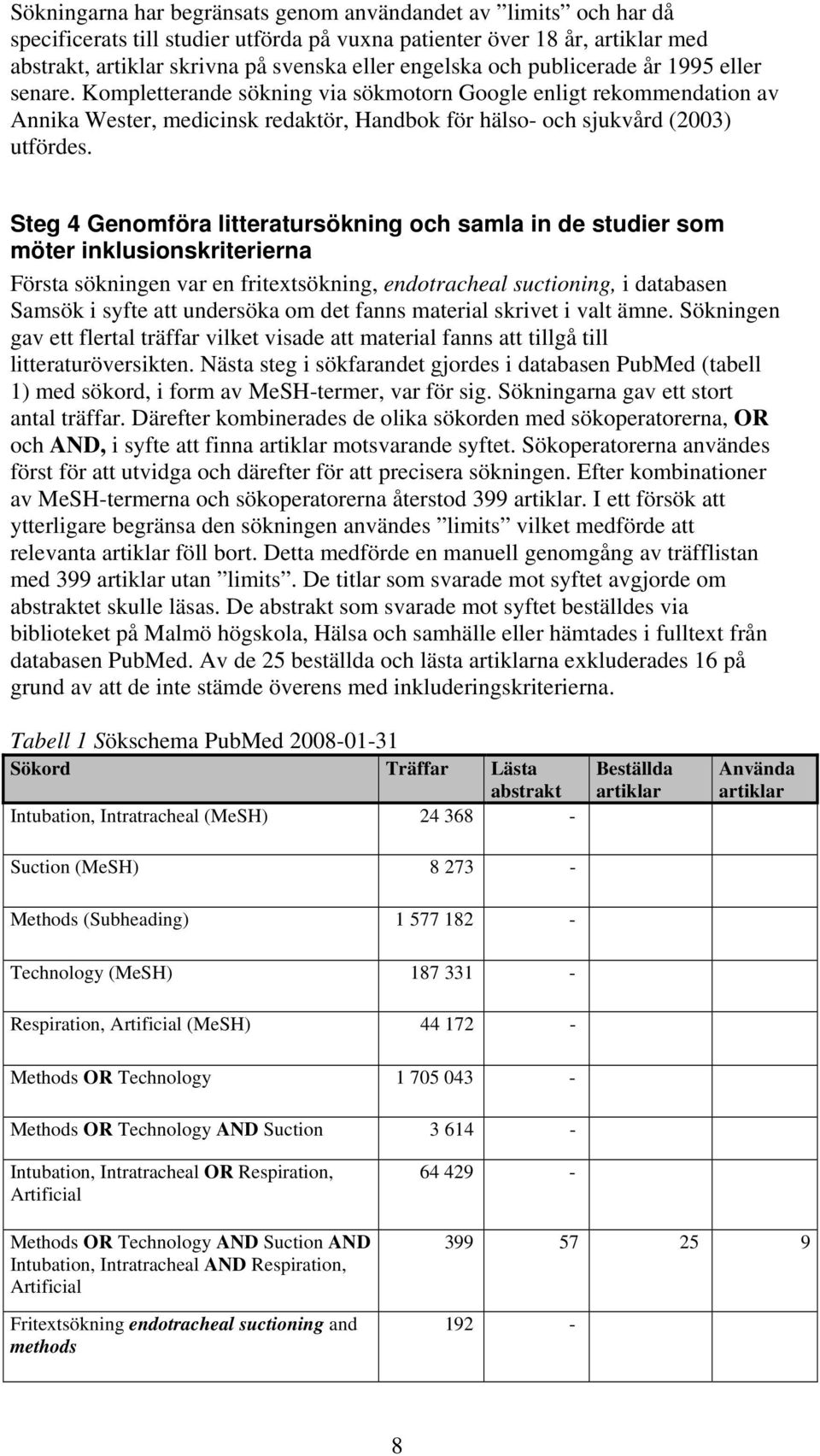 Steg 4 Genomföra litteratursökning och samla in de studier som möter inklusionskriterierna Första sökningen var en fritextsökning, endotracheal suctioning, i databasen Samsök i syfte att undersöka om
