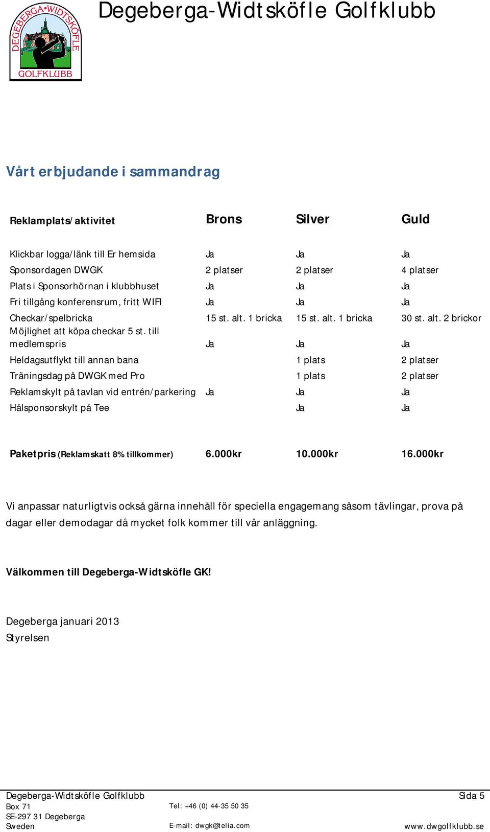 till medlemspris Ja Ja Ja Heldagsutflykt till annan bana 1 plats 2 platser Träningsdag på DWGK med Pro 1 plats 2 platser Reklamskylt på tavlan vid entrén/parkering Ja Ja Ja Hålsponsorskylt på Tee Ja