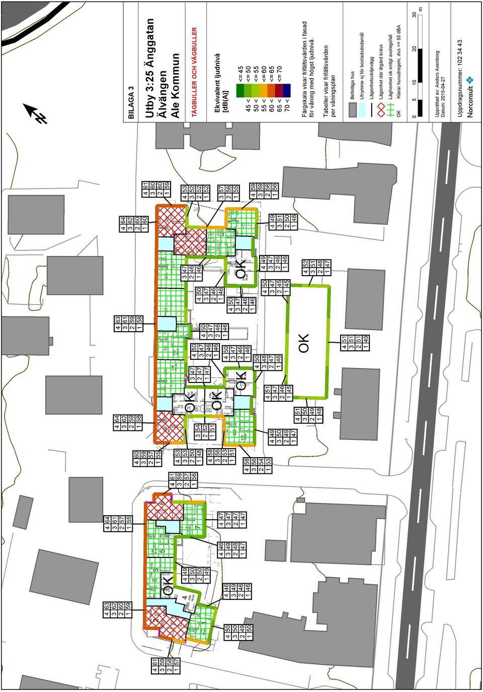 Befintliga hus Tabeller visar frifältsvärden per våningsplan Färgskala visar frifältsvärden i fasad för våning med högst ljudnivå.