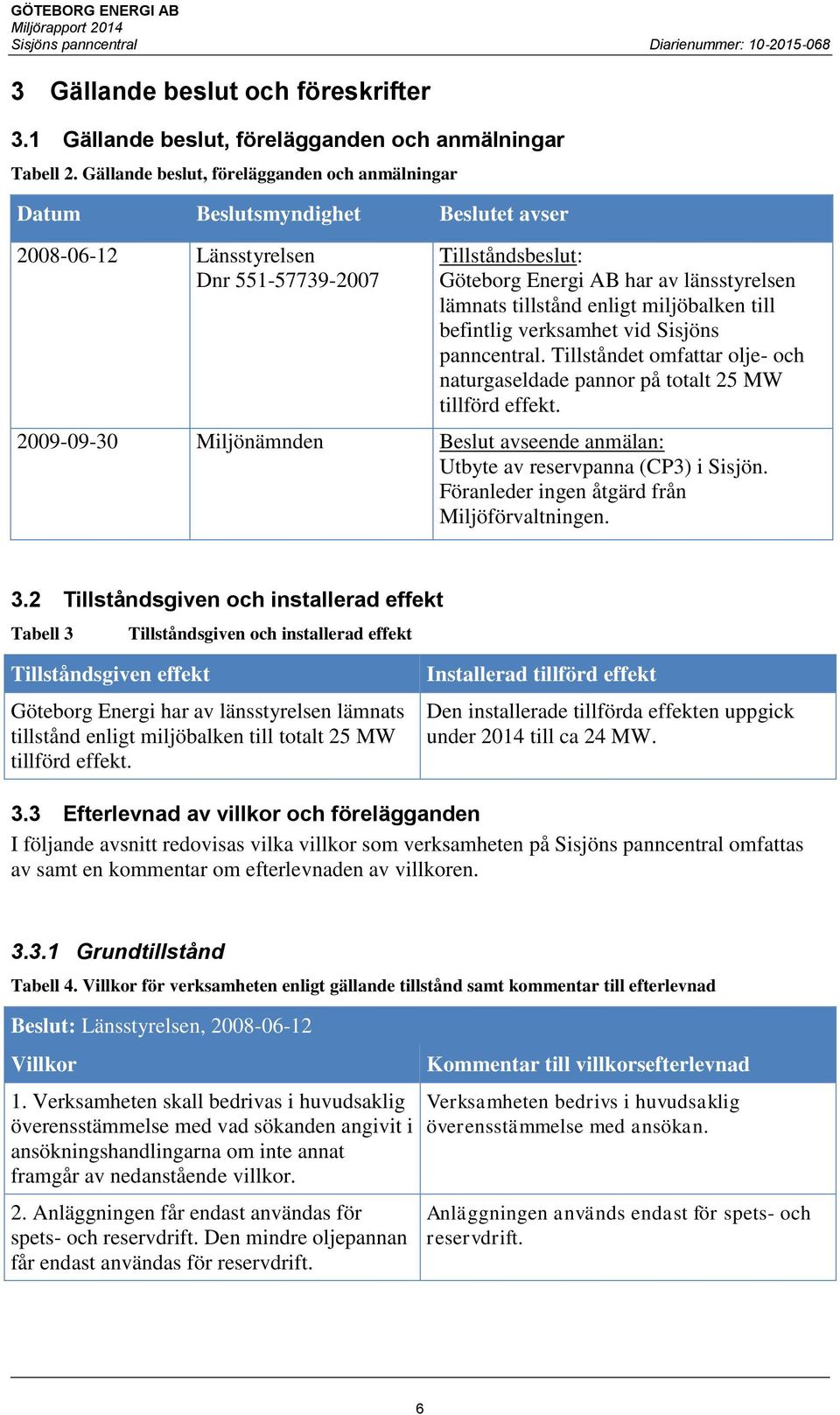 tillstånd enligt miljöbalken till befintlig verksamhet vid Sisjöns panncentral. Tillståndet omfattar olje- och naturgaseldade pannor på totalt 25 MW tillförd effekt.
