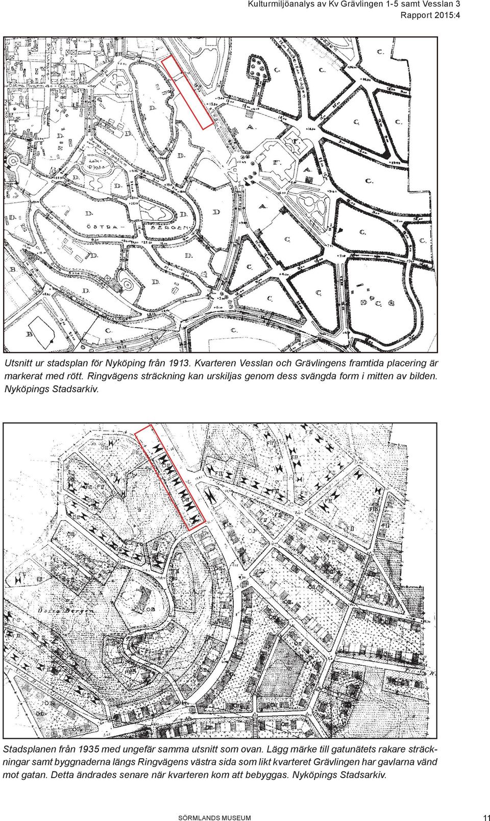 Ringvägens sträckning kan urskiljas genom dess svängda form i mitten av bilden. Nyköpings Stadsarkiv.
