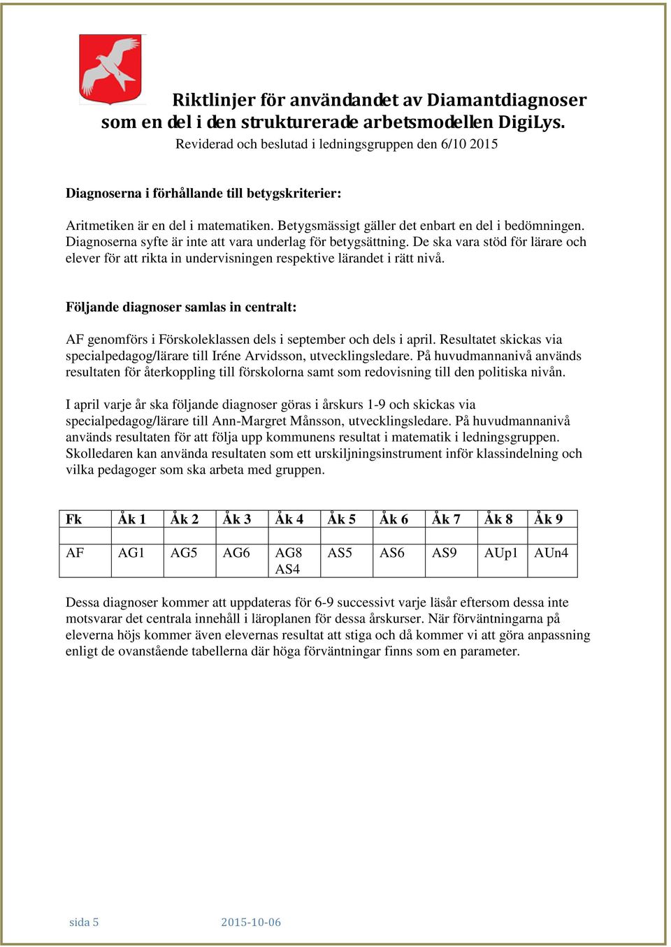 Följande diagnoser samlas in centralt: AF genomförs i Förskoleklassen dels i september och dels i april. Resultatet skickas via specialpedagog/lärare till Iréne Arvidsson, utvecklingsledare.