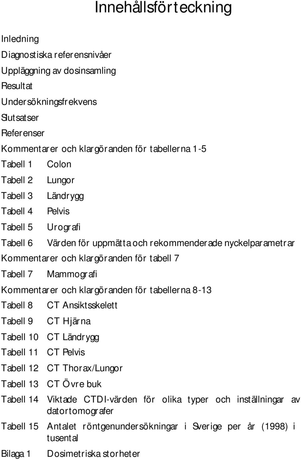 Tabell 7 Mammografi Kommentarer och klargöranden för tabellerna 8-13 Tabell 8 Tabell 9 CT Ansiktsskelett CT Hjärna Tabell 10 CT Ländrygg Tabell 11 CT Pelvis Tabell 12 CT Thorax/Lungor Tabell 13