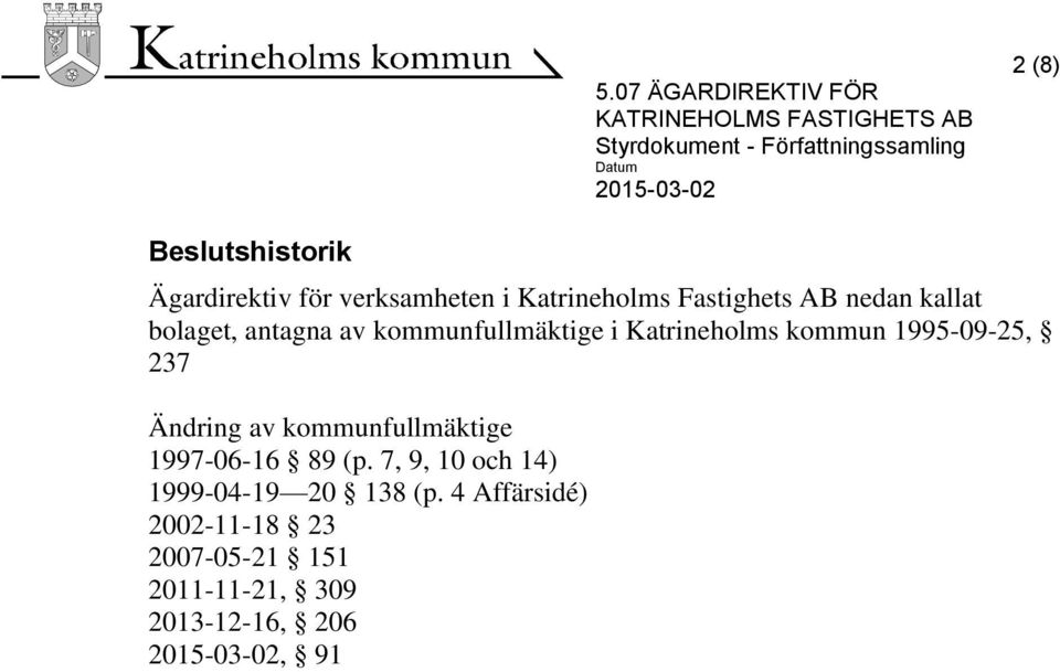 1995-09-25, 237 Ändring av kommunfullmäktige 1997-06-16 89 (p.