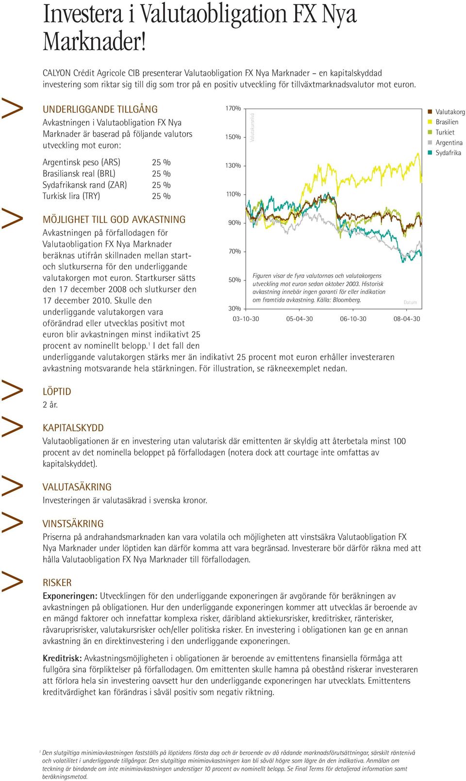 UNDERLIGGANDE TILLGÅNG Avkastningen i Valutaobligation FX Nya Marknader är baserad på följande valutors utveckling mot euron: Argentinsk peso (ARS) 25 % Brasiliansk real (BRL) 25 % Sydafrikansk rand