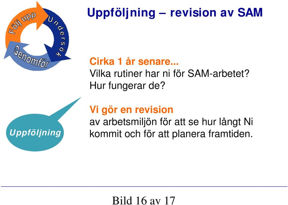 Uppföljning Vi gör en revision av arbetsmiljön för att