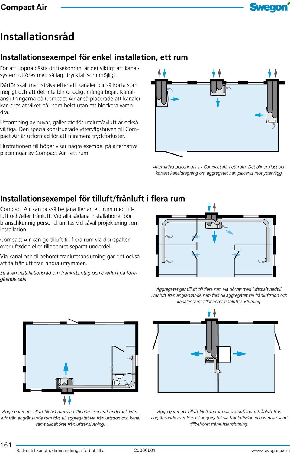 Kanalanslutningarna på är så placerade att kanaler kan dras åt vilket håll som helst utan att blockera varandra. Utformning av huvar, galler etc för uteluft/avluft är också viktiga.