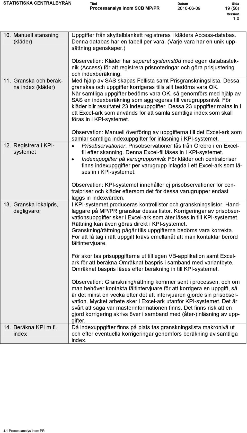 ) Observation: Kläder har separat systemstöd med egen databasteknik (Access) för att registrera prisnoteringar och göra prisjustering och indexberäkning.