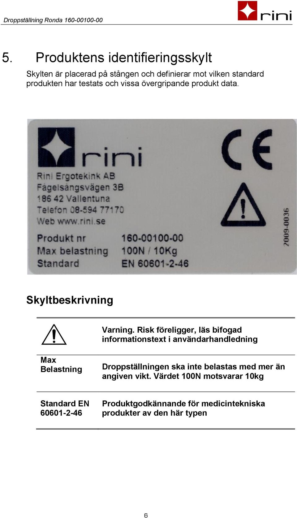 Risk föreligger, läs bifogad informationstext i användarhandledning Max Belastning Droppställningen ska inte
