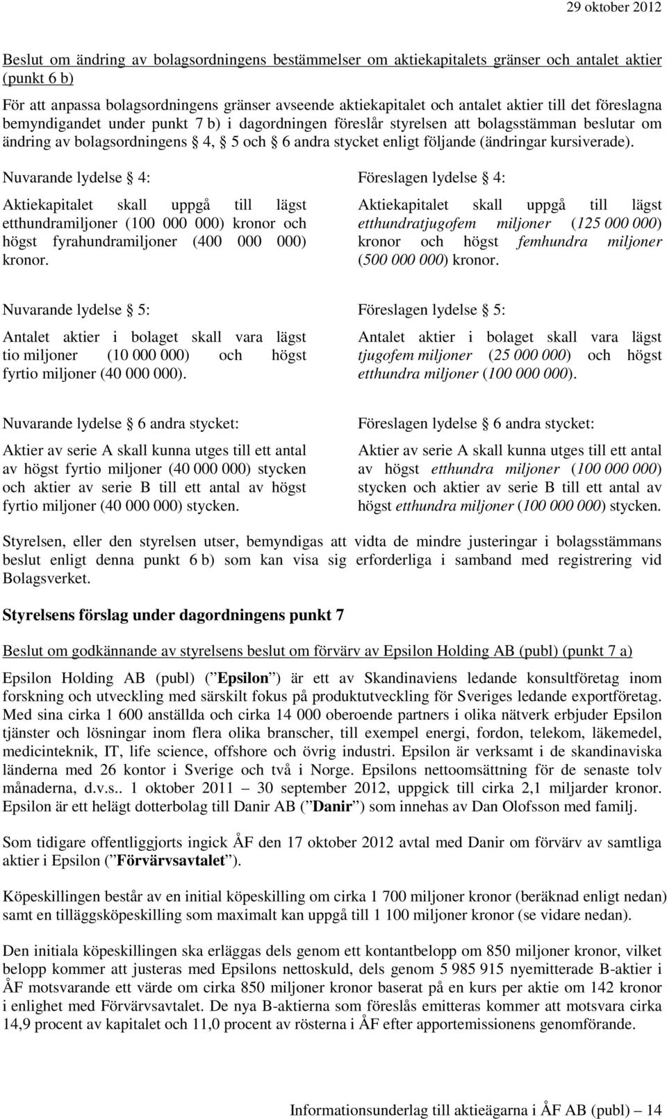kursiverade). Nuvarande lydelse 4: Aktiekapitalet skall uppgå till lägst etthundramiljoner (100 000 000) kronor och högst fyrahundramiljoner (400 000 000) kronor.