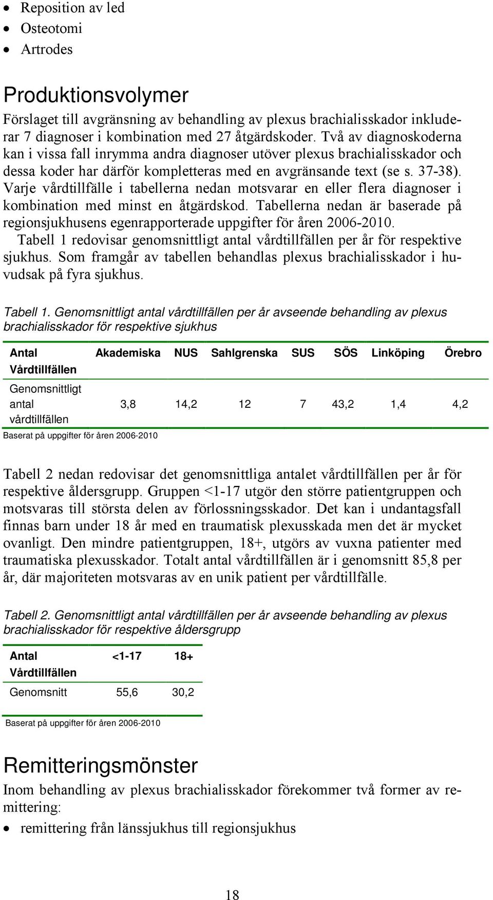 Varje vårdtillfälle i tabellerna nedan motsvarar en eller flera diagnoser i kombination med minst en åtgärdskod.