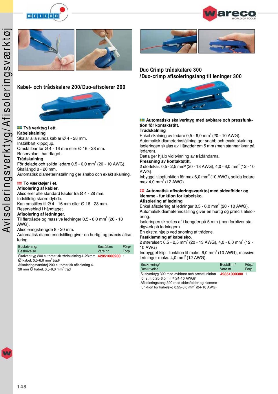 Afisolering af kabler. Afisolerer alle standard kabler fra Ø 4-28 mm. Indstillelig skære dybde. Kan omstilles til Ø 4-16 mm eller Ø 16-28 mm. Reserveblad i håndtaget. Afisolering af ledninger.