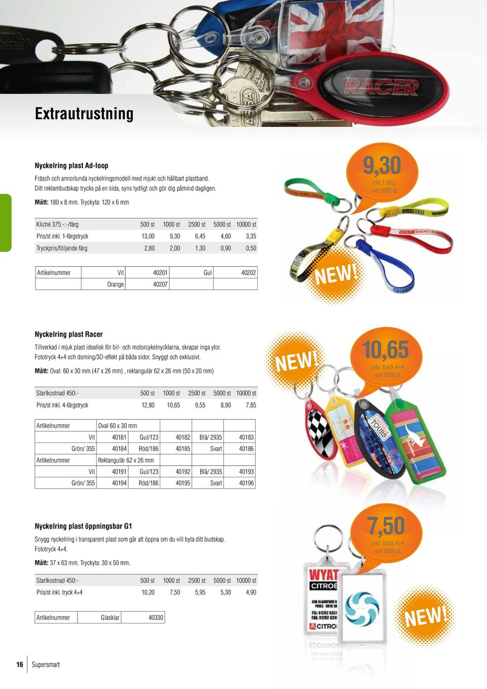 1-färgstryck 13,00 9,30 6,45 4,60 3,35 Tryckpris/följande färg 2,80 2,00 1,30 0,90 0,50 Artikelnummer Vit 40201 Gul 40202 Orange 40207 Nyckelring plast Racer Tillverkad i mjuk plast idealisk för bil-