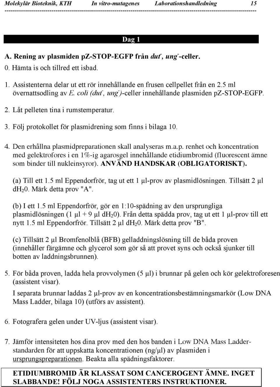 Den erhållna plasmidpreparationen skall analyseras m.a.p. renhet och koncentration med gelektrofores i en 1%-ig agarosgel innehållande etidiumbromid (fluorescent ämne som binder till nukleinsyror).