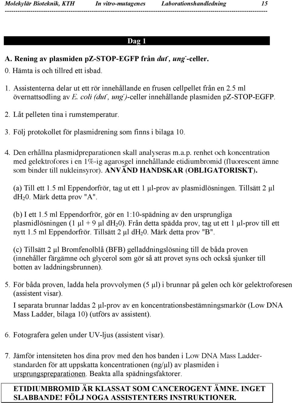 Den erhållna plasmidpreparationen skall analyseras m.a.p. renhet och koncentration med gelektrofores i en 1%-ig agarosgel innehållande etidiumbromid (fluorescent ämne som binder till nukleinsyror).