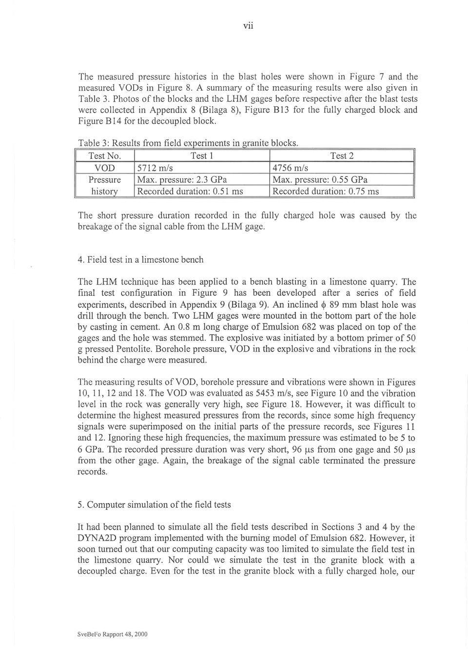 Table 3: Results frm field enments rn blcks Test N Test 1 Test 2 VOD 5712 mls 4756 mls Pressure Max. pressure: 2.3 GPa Max. pressure: 0.55 GPa histry Recrded duratin: 0.51 ms Recrded duratin: 0.