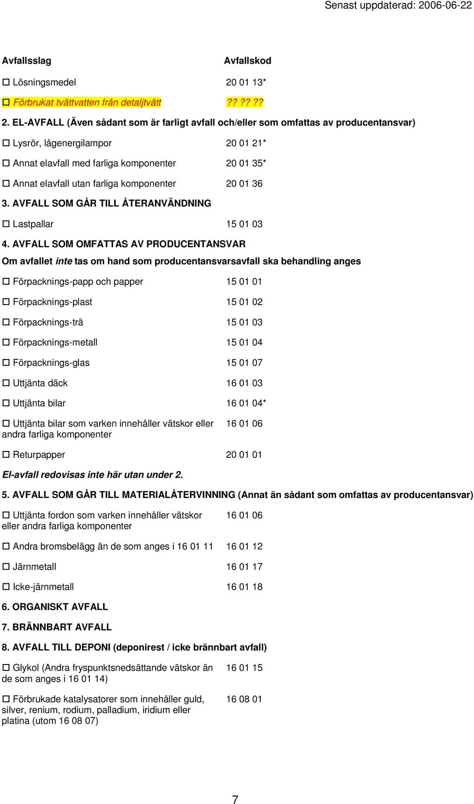 EL-AVFALL (Även sådant som är farligt avfall och/eller som omfattas av producentansvar) Lysrör, lågenergilampor 20 01 21* Annat elavfall med farliga komponenter 20 01 35* Annat elavfall utan farliga