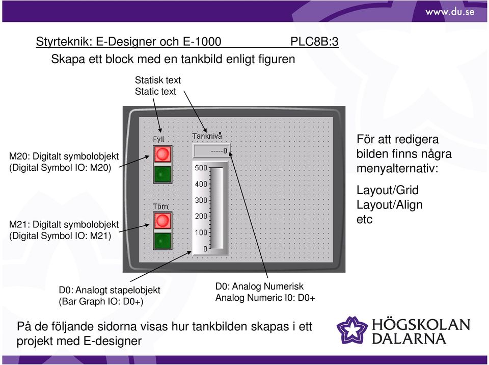 några menyalternativ: Layout/Grid Layout/Align etc D0: Analogt stapelobjekt (Bar Graph IO: D0+) D0: Analog