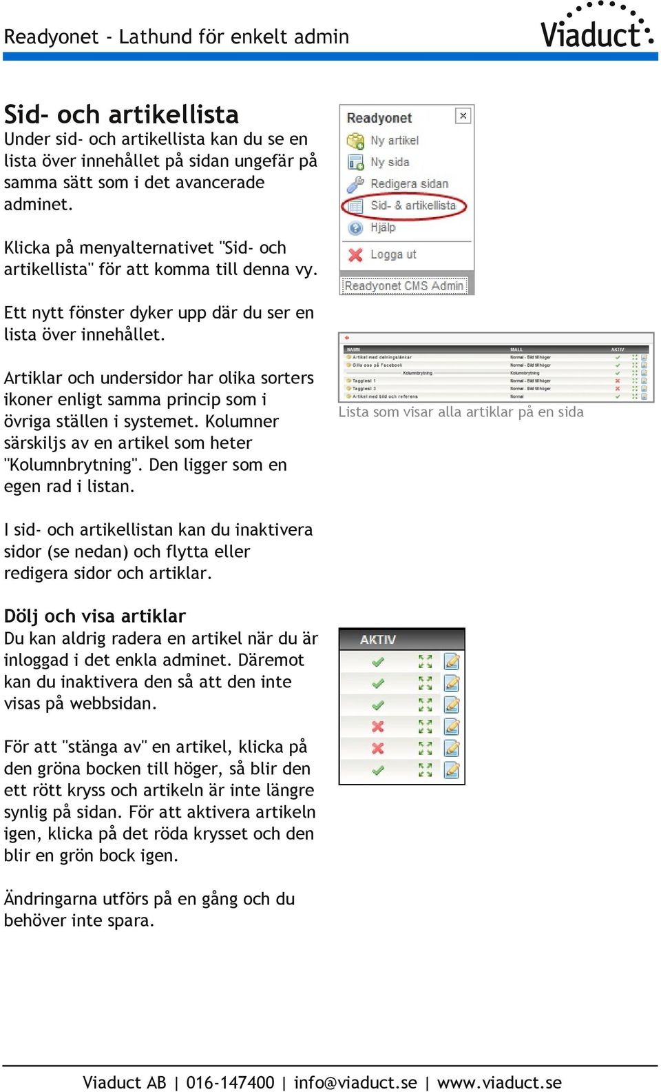 Artiklar och undersidor har olika sorters ikoner enligt samma princip som i övriga ställen i systemet. Kolumner särskiljs av en artikel som heter "Kolumnbrytning". Den ligger som en egen rad i listan.