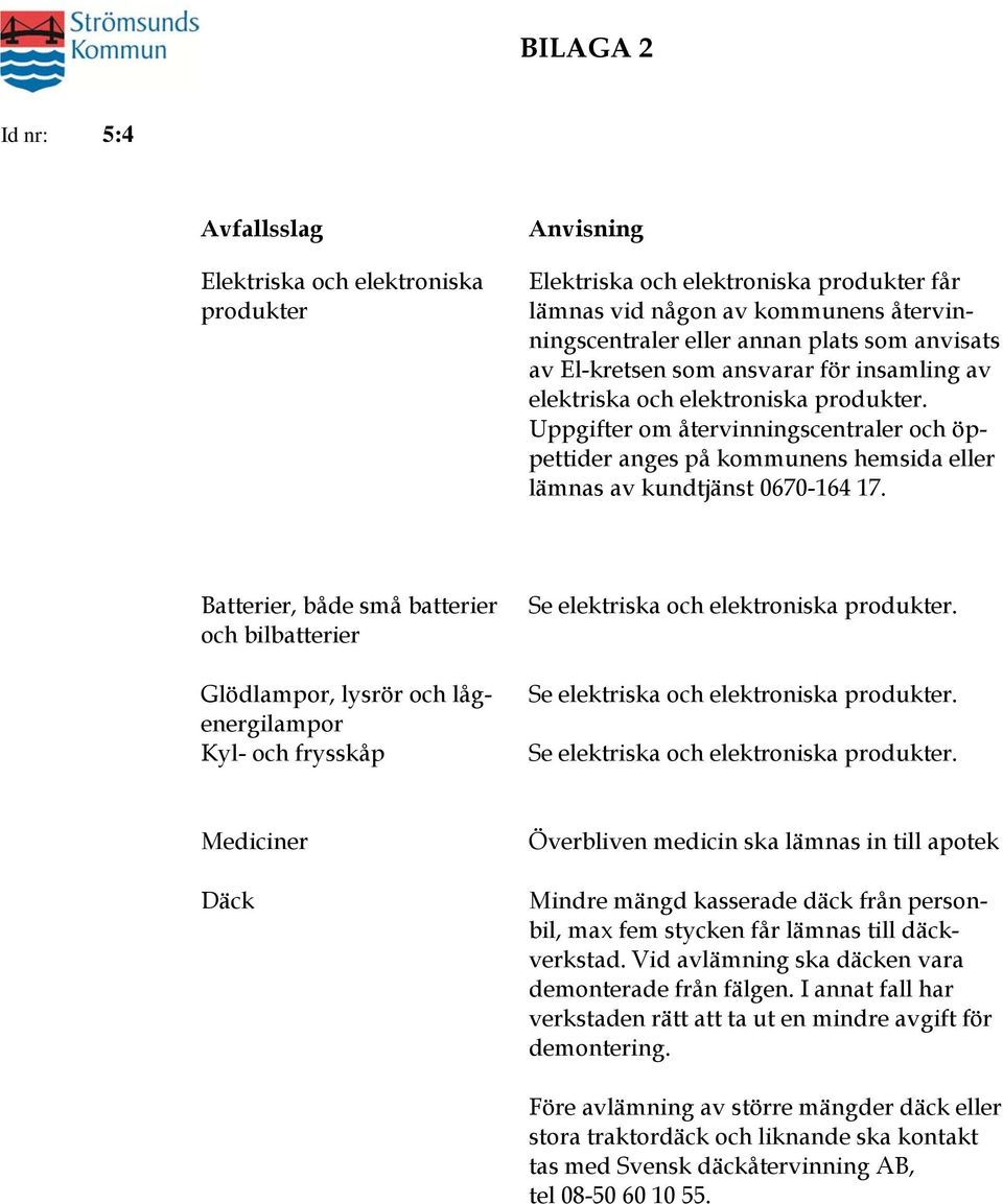 Uppgifter om återvinningscentraler och öppettider anges på kommunens hemsida eller lämnas av kundtjänst 0670-164 17.