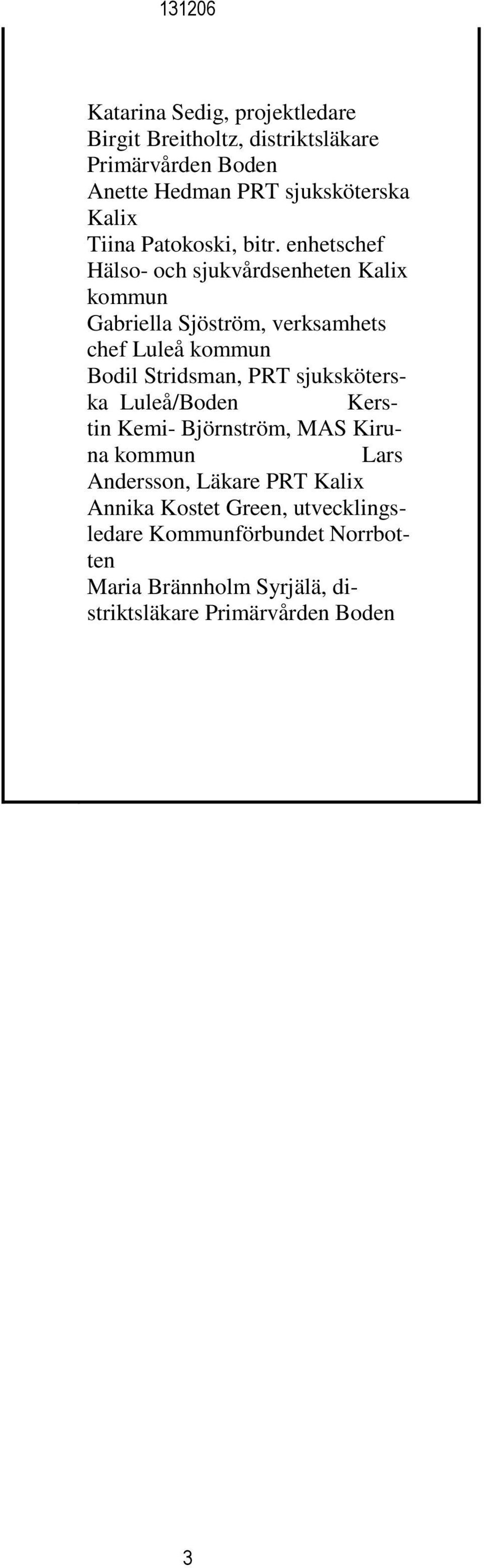 enhetschef Hälso- och sjukvårdsenheten Kalix kommun Gabriella Sjöström, verksamhets chef Luleå kommun Bodil Stridsman, PRT