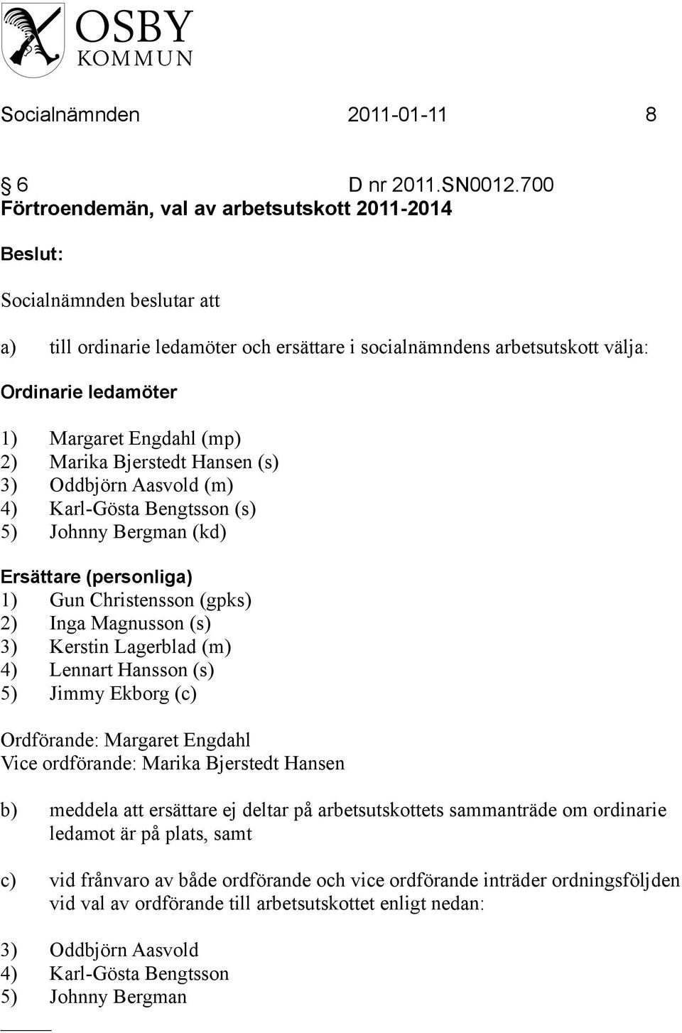 Hansen (s) 3) Oddbjörn Aasvold (m) 4) Karl-Gösta Bengtsson (s) 5) Johnny Bergman (kd) Ersättare (personliga) 1) Gun Christensson (gpks) 2) Inga Magnusson (s) 3) Kerstin Lagerblad (m) 4) Lennart