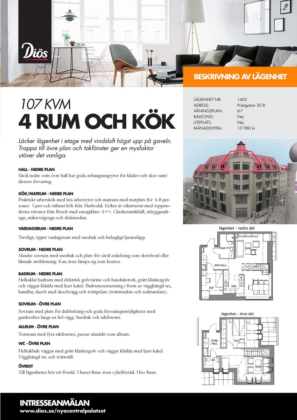 /MATRUM - NEDRE PLAN Praktiskt arbetskök med bra arbetsytor och matrum med matplats för 6-8 personer. mikrovågsugn och diskmaskin.