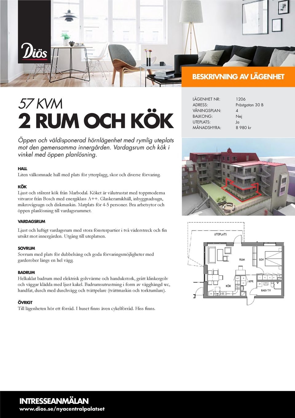 mikrovågsugn och diskmaskin. Matplats för 4-5 personer. Bra arbetsytor och öppen planlösning till vardagsrummet.