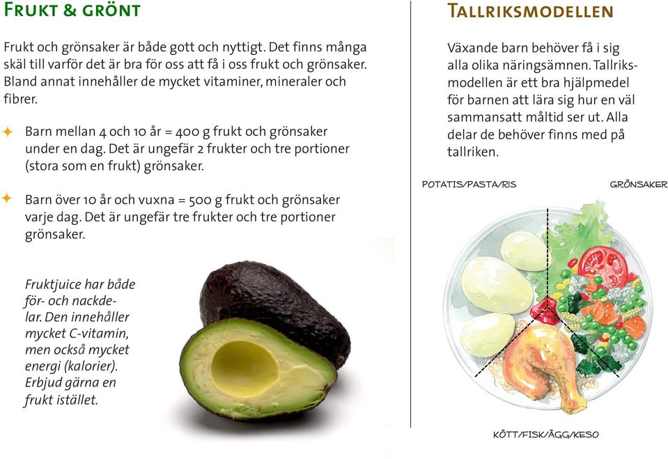 Det är ungefär 2 frukter och tre portioner (stora som en frukt) grnsaker. Barn ver 10 år och vuxna = 500 g frukt och grnsaker varje dag. Det är ungefär tre frukter och tre portioner grnsaker.