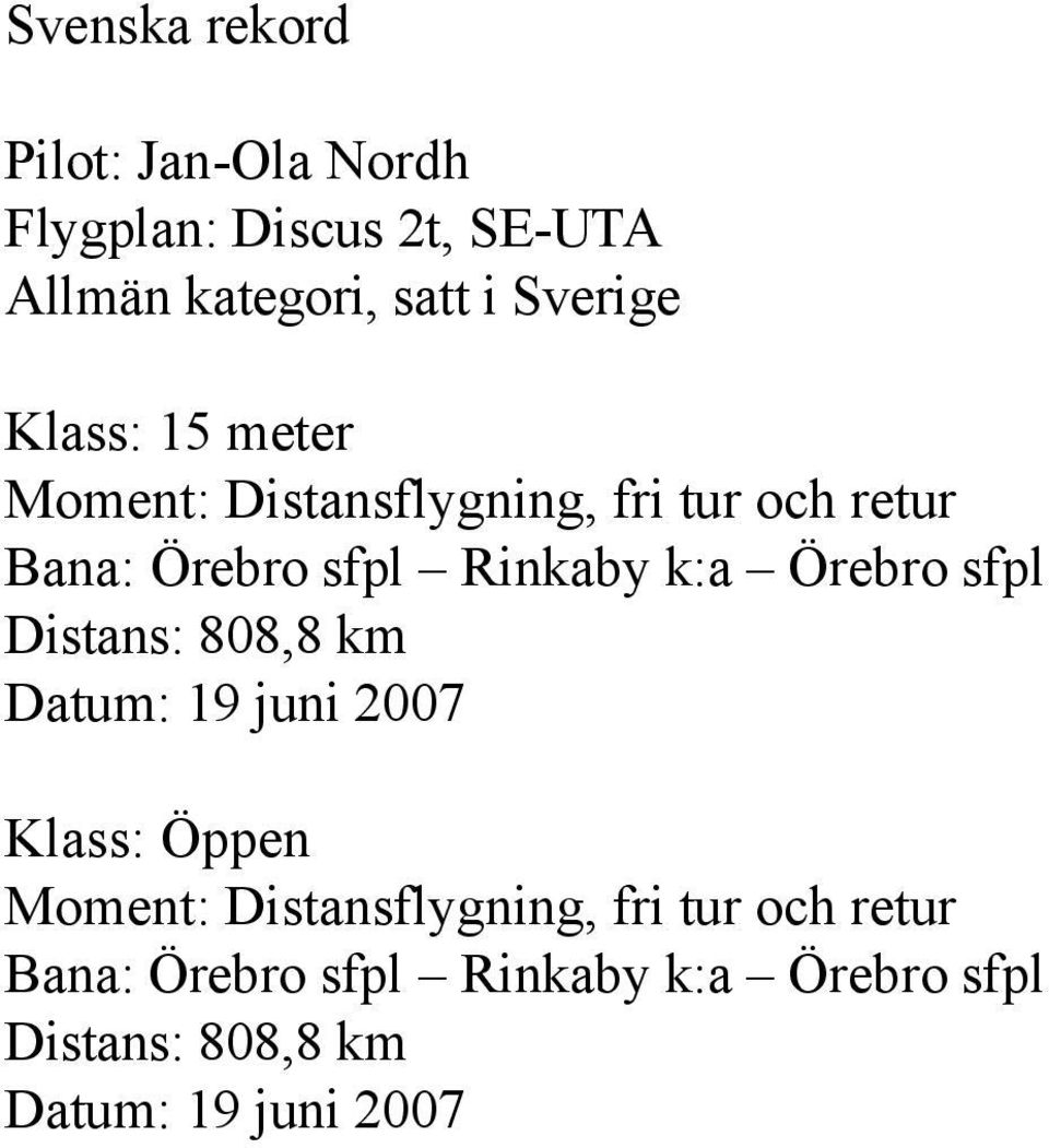 k:a Örebro sfpl Distans: 808,8 km Datum: 19 juni 2007 Klass: Öppen Moment: Distansflygning,