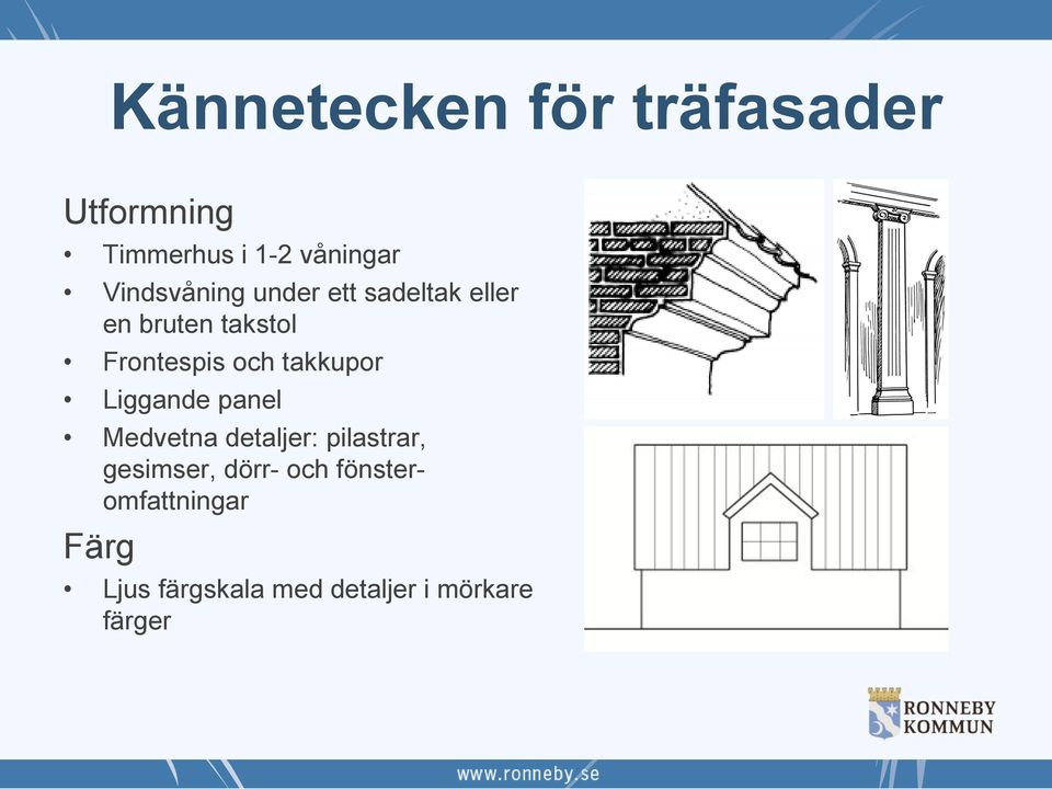 och takkupor Liggande panel Medvetna detaljer: pilastrar, gesimser,