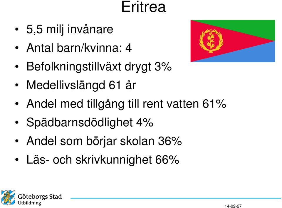 med tillgång till rent vatten 61% Spädbarnsdödlighet 4%