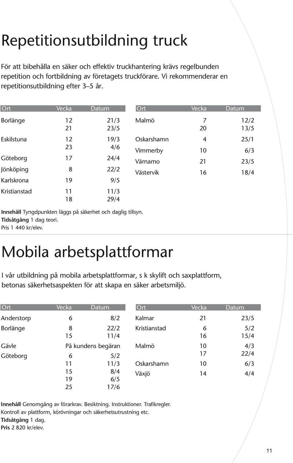 Borlänge 12 21/3 21 23/5 Eskilstuna 12 19/3 23 4/6 Göteborg 17 24/4 Jönköping 8 22/2 Karlskrona 19 9/5 Kristianstad 11 11/3 18 29/4 Malmö 7 12/2 20 13/5 Oskarshamn 4 25/1 Vimmerby 10 6/3 Värnamo 21