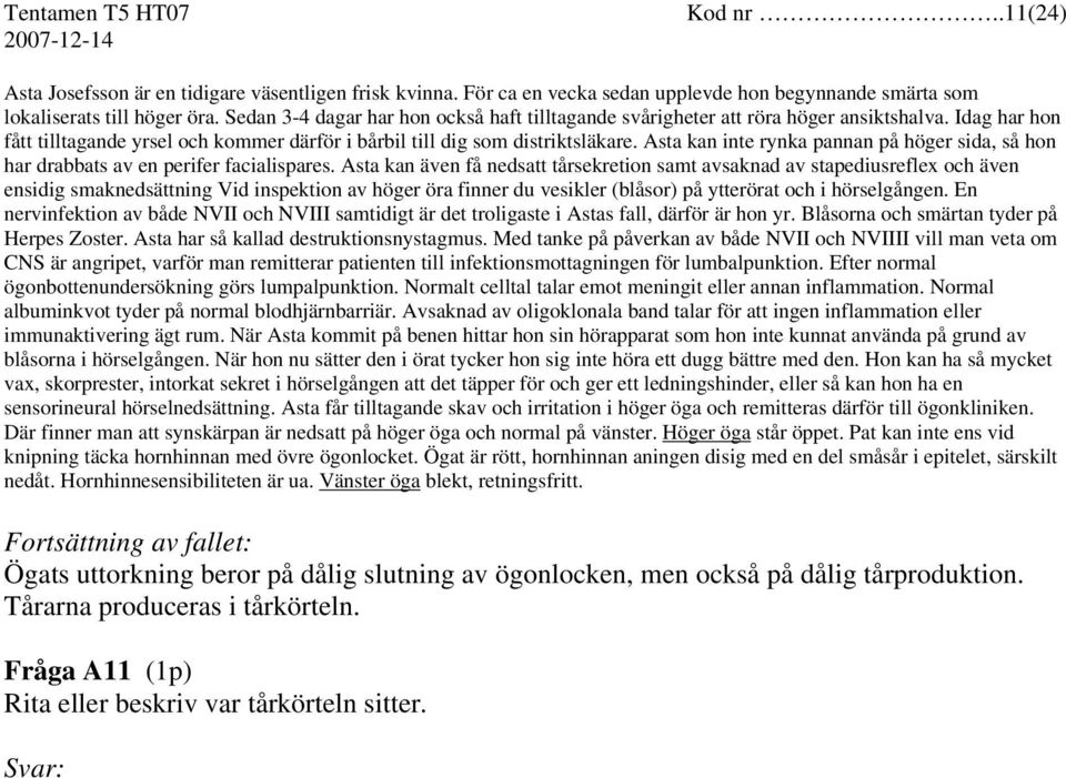 Asta kan inte rynka pannan på höger sida, så hon har drabbats av en perifer facialispares.