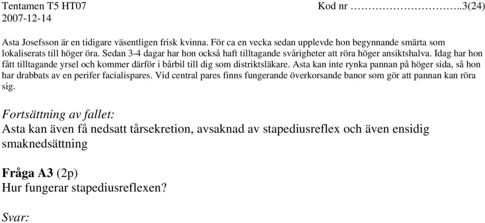 Idag har hon fått tilltagande yrsel och kommer därför i bårbil till dig som distriktsläkare.
