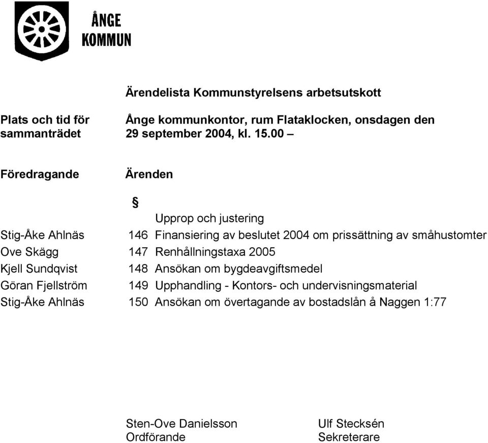 00 Föredragande Ärenden Upprop och justering Stig-Åke Ahlnäs 146 Finansiering av beslutet 2004 om prissättning av småhustomter Ove Skägg