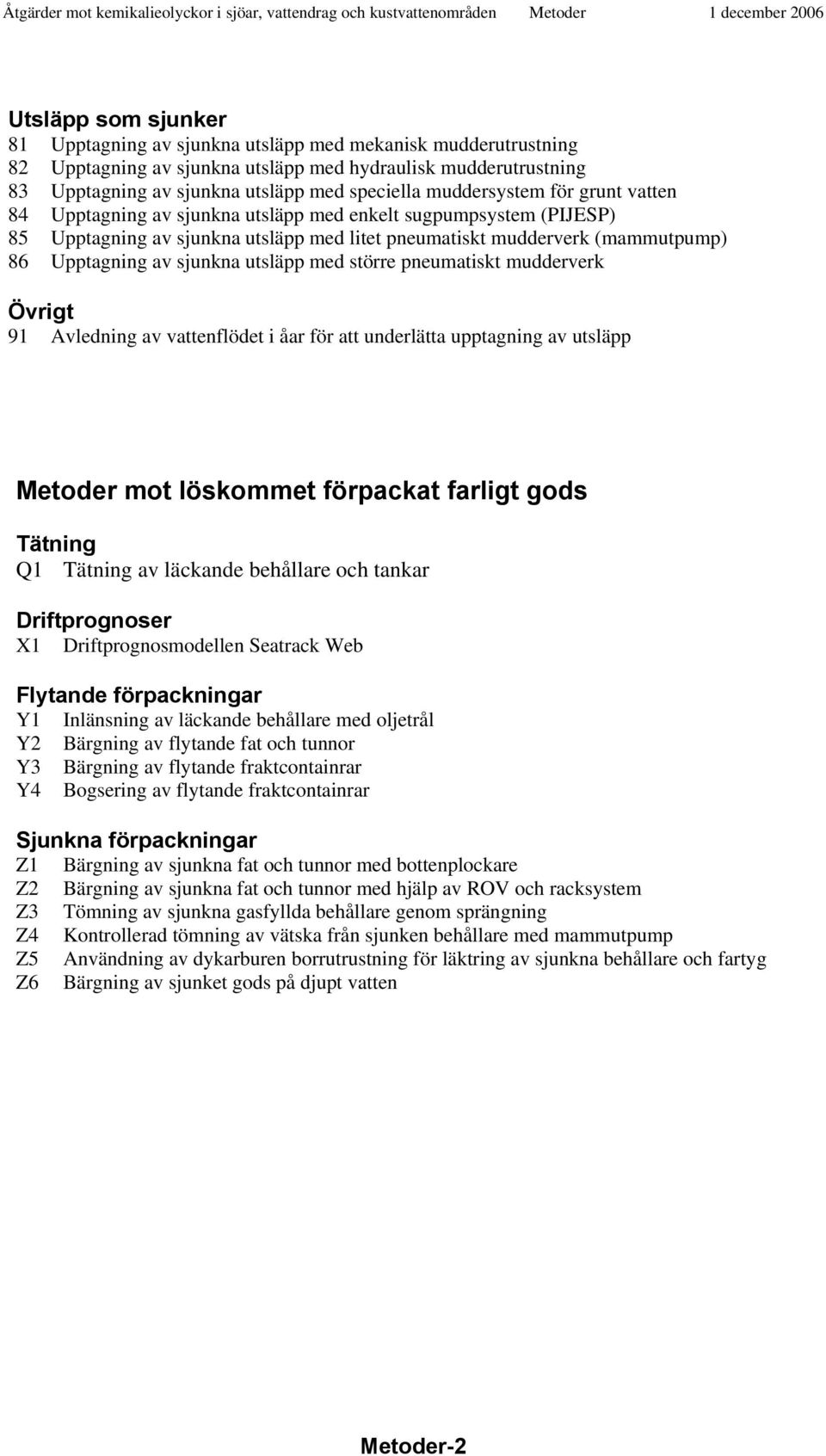 sjunkna utsläpp med större pneumatiskt mudderverk Övrigt 91 Avledning av vattenflödet i åar för att underlätta upptagning av utsläpp Metoder mot löskommet förpackat farligt gods Tätning Q1 Tätning av